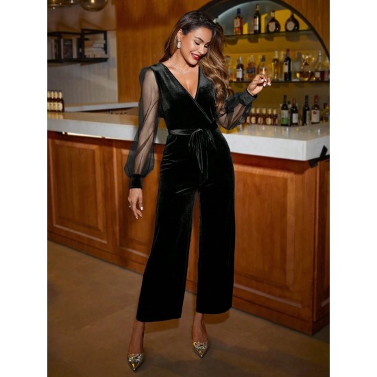 Kadın Uzun Kollu Kruvaze Yakalı Belden Kuşaklı Tül Detaylı Kadife Tulum , 32405 Kadın Uzun Kollu Kruvaze Yakalı Belden Kuşaklı Tül Detaylı Kadife Tulum , 32405