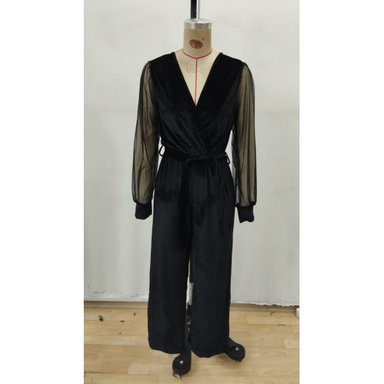 Kadın Uzun Kollu Kruvaze Yakalı Belden Kuşaklı Tül Detaylı Kadife Tulum , 32405 Kadın Uzun Kollu Kruvaze Yakalı Belden Kuşaklı Tül Detaylı Kadife Tulum , 32405