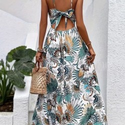 Kadın Boyundan Bağlamalı Arkadan Kuşaklı Desenli Süprem Elbise , 32404