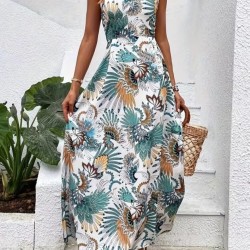 Kadın Boyundan Bağlamalı Arkadan Kuşaklı Desenli Süprem Elbise , 32404 Kadın Boyundan Bağlamalı Arkadan Kuşaklı Desenli Süprem Elbise , 32404