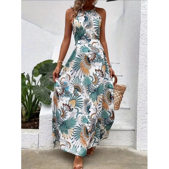 Kadın Boyundan Bağlamalı Arkadan Kuşaklı Desenli Süprem Elbise , 32404 Kadın Boyundan Bağlamalı Arkadan Kuşaklı Desenli Süprem Elbise , 32404