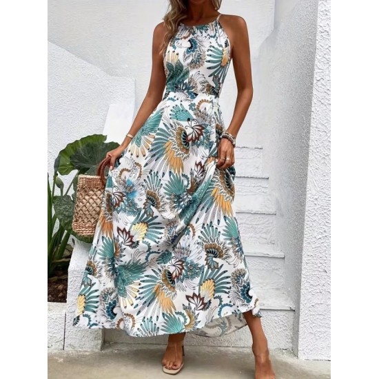 Kadın Boyundan Bağlamalı Arkadan Kuşaklı Desenli Süprem Elbise , 32404 Kadın Boyundan Bağlamalı Arkadan Kuşaklı Desenli Süprem Elbise , 32404