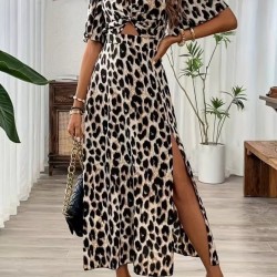 Kadın Kısa Kollu V Yakalı Beli Lastikli Yırtmaçlı Uzun Leopar Desenli Süprem Elbise , 32403
