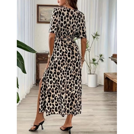 Kadın Kısa Kollu V Yakalı Beli Lastikli Yırtmaçlı Uzun Leopar Desenli Süprem Elbise , 32403 Kadın Kısa Kollu V Yakalı Beli Lastikli Yırtmaçlı Uzun Leopar Desenli Süprem Elbise , 32403