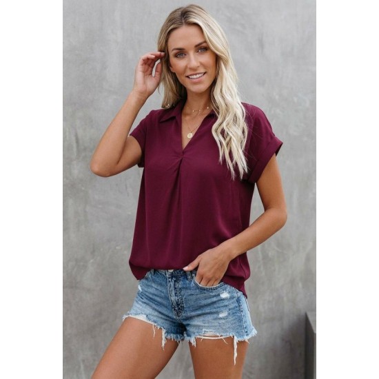 Kadın Kısa Kollu Yakalı Dokuma Viskon Bluz , 32411