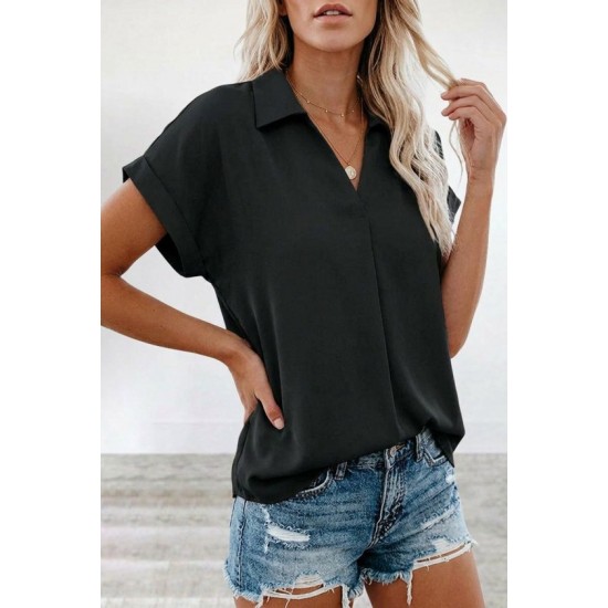 Kadın Kısa Kollu Yakalı Dokuma Viskon Bluz , 32409