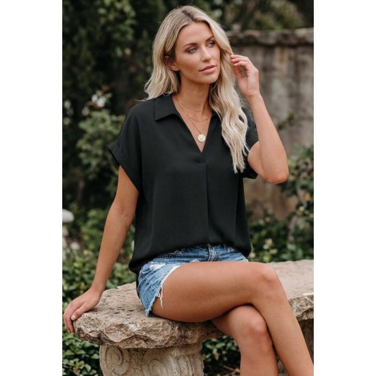 Kadın Kısa Kollu Yakalı Dokuma Viskon Bluz , 32409