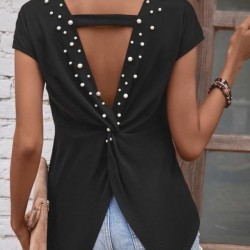 Kadın Kısa Kollu Sırttan Açık Inci Detaylı Viskon Bluz , 32413