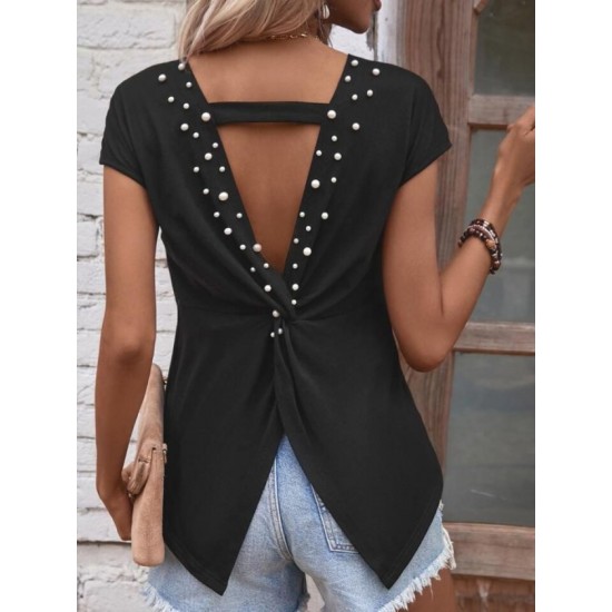 Kadın Kısa Kollu Sırttan Açık Inci Detaylı Viskon Bluz , 32413 Kadın Kısa Kollu Sırttan Açık Inci Detaylı Viskon Bluz , 32413