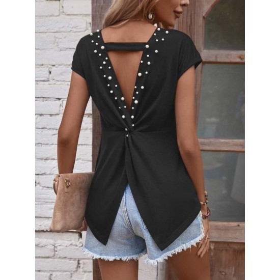 Kadın Kısa Kollu Sırttan Açık Inci Detaylı Viskon Bluz , 32413 Kadın Kısa Kollu Sırttan Açık Inci Detaylı Viskon Bluz , 32413