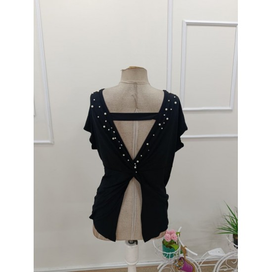 Kadın Kısa Kollu Sırttan Açık Inci Detaylı Viskon Bluz , 32413 Kadın Kısa Kollu Sırttan Açık Inci Detaylı Viskon Bluz , 32413