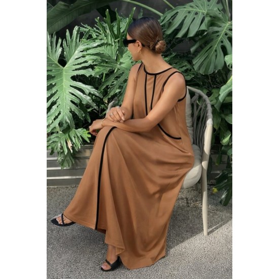 Kadın Omuzlardan Açık Yaka Ince şerit Detaylı Uzun Viskon Elbise , 32428