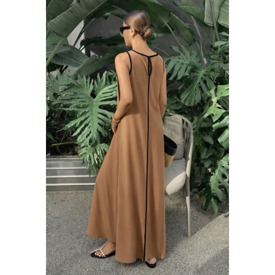 Kadın Omuzlardan Açık Yaka Ince şerit Detaylı Uzun Viskon Elbise , 32428