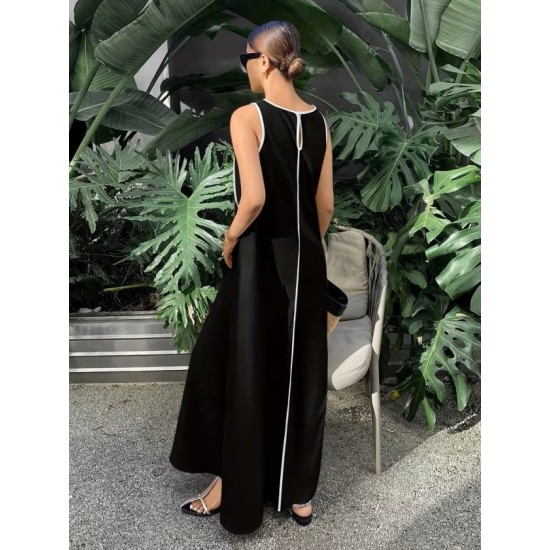 Kadın Omuzlardan Açık Yaka Ince şerit Detaylı Uzun Viskon Elbise , 32425