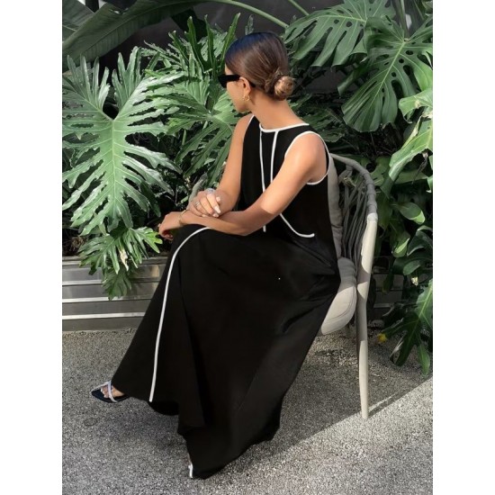 Kadın Omuzlardan Açık Yaka Ince şerit Detaylı Uzun Viskon Elbise , 32425