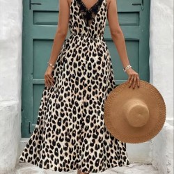 Kadın Ip Askılı Yuvarlak Yakalı Arkası V Yakalı Yırtmaçlı Uzun Leopar Desenli Süprem Elbise , 32423