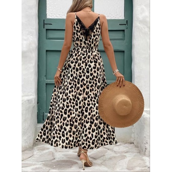 Kadın Ip Askılı Yuvarlak Yakalı Arkası V Yakalı Yırtmaçlı Uzun Leopar Desenli Süprem Elbise , 32423