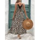 Kadın Ip Askılı Yuvarlak Yakalı Arkası V Yakalı Yırtmaçlı Uzun Leopar Desenli Süprem Elbise , 32423