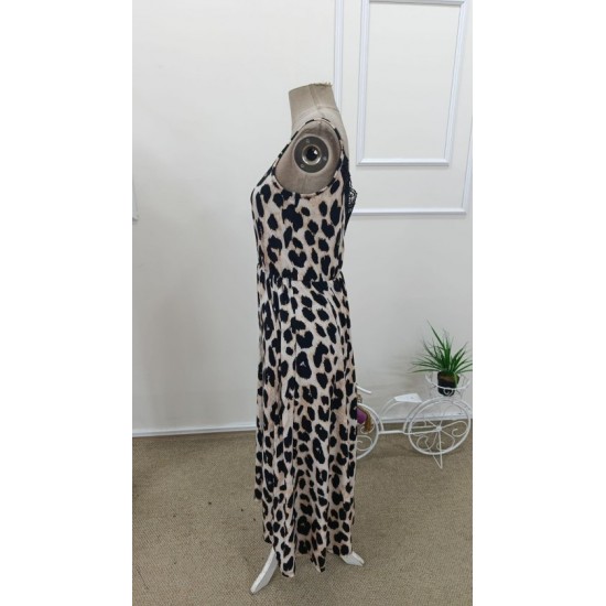 Kadın Ip Askılı Yuvarlak Yakalı Arkası V Yakalı Yırtmaçlı Uzun Leopar Desenli Süprem Elbise , 32423