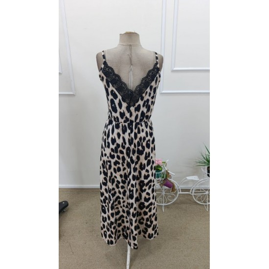 Kadın Ip Askılı Yuvarlak Yakalı Arkası V Yakalı Yırtmaçlı Uzun Leopar Desenli Süprem Elbise , 32423