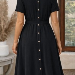 Kadın Kısa Kollu Yuvarlak Yaka Arkadan Düğmeli Viskon Midi Elbise, 32422