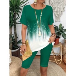 Kadın Kısa Kollu Bisiklet Yaka Desenli Dalgıç Bluz Ve Tayt Ikili Takım , 32435