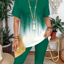 Kadın Kısa Kollu Bisiklet Yaka Desenli Dalgıç Bluz Ve Tayt Ikili Takım , 32435