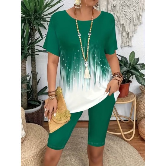 Kadın Kısa Kollu Bisiklet Yaka Desenli Dalgıç Bluz Ve Tayt Ikili Takım , 32435