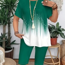 Kadın Kısa Kollu Bisiklet Yaka Desenli Dalgıç Bluz Ve Tayt Ikili Takım , 32435