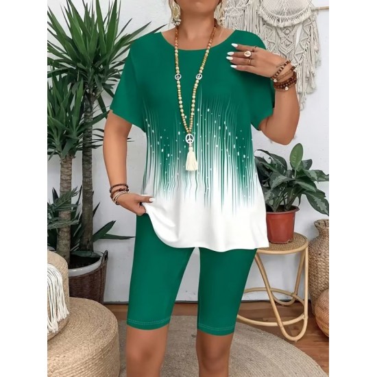 Kadın Kısa Kollu Bisiklet Yaka Desenli Dalgıç Bluz Ve Tayt Ikili Takım , 32435