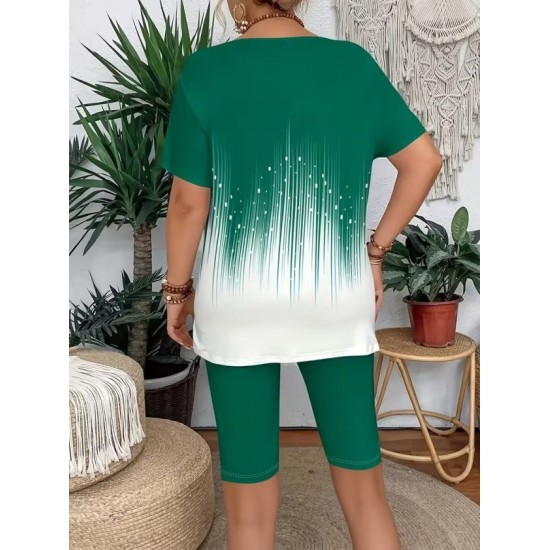 Kadın Kısa Kollu Bisiklet Yaka Desenli Dalgıç Bluz Ve Tayt Ikili Takım , 32435