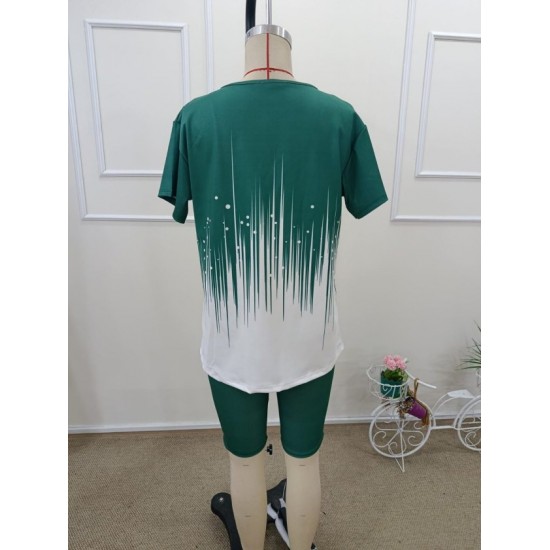 Kadın Kısa Kollu Bisiklet Yaka Desenli Dalgıç Bluz Ve Tayt Ikili Takım , 32435