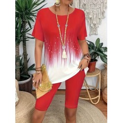 Kadın Kısa Kollu Bisiklet Yaka Desenli Dalgıç Bluz Ve Tayt Ikili Takım , 32434