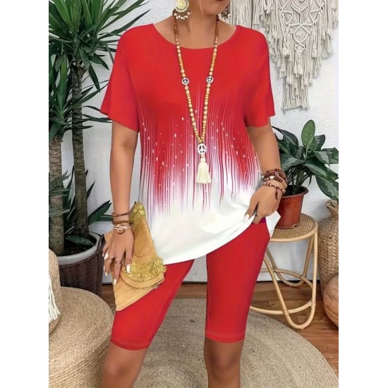 Kadın Kısa Kollu Bisiklet Yaka Desenli Dalgıç Bluz Ve Tayt Ikili Takım , 32434