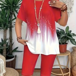 Kadın Kısa Kollu Bisiklet Yaka Desenli Dalgıç Bluz Ve Tayt Ikili Takım , 32434