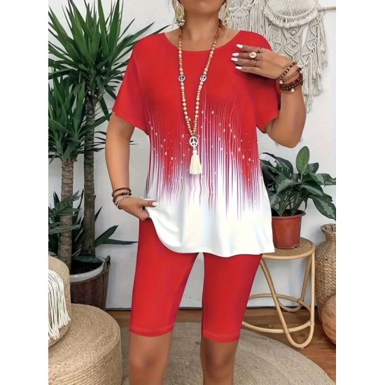 Kadın Kısa Kollu Bisiklet Yaka Desenli Dalgıç Bluz Ve Tayt Ikili Takım , 32434