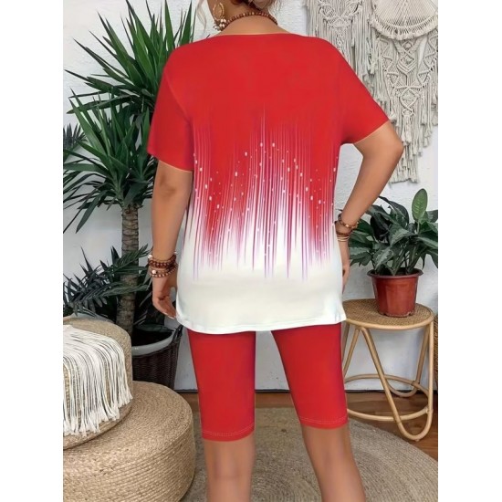 Kadın Kısa Kollu Bisiklet Yaka Desenli Dalgıç Bluz Ve Tayt Ikili Takım , 32434