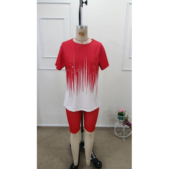 Kadın Kısa Kollu Bisiklet Yaka Desenli Dalgıç Bluz Ve Tayt Ikili Takım , 32434