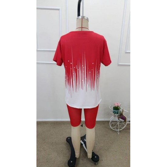 Kadın Kısa Kollu Bisiklet Yaka Desenli Dalgıç Bluz Ve Tayt Ikili Takım , 32434