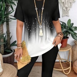 Kadın Kısa Kollu Bisiklet Yaka Desenli Dalgıç Bluz Ve Tayt Ikili Takım , 32432