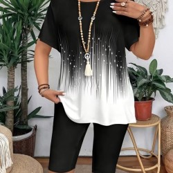 Kadın Kısa Kollu Bisiklet Yaka Desenli Dalgıç Bluz Ve Tayt Ikili Takım , 32432