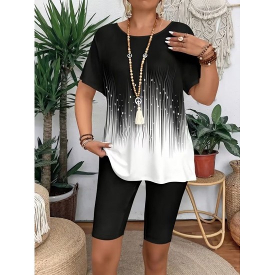 Kadın Kısa Kollu Bisiklet Yaka Desenli Dalgıç Bluz Ve Tayt Ikili Takım , 32432