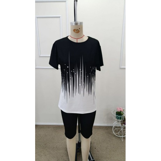 Kadın Kısa Kollu Bisiklet Yaka Desenli Dalgıç Bluz Ve Tayt Ikili Takım , 32432