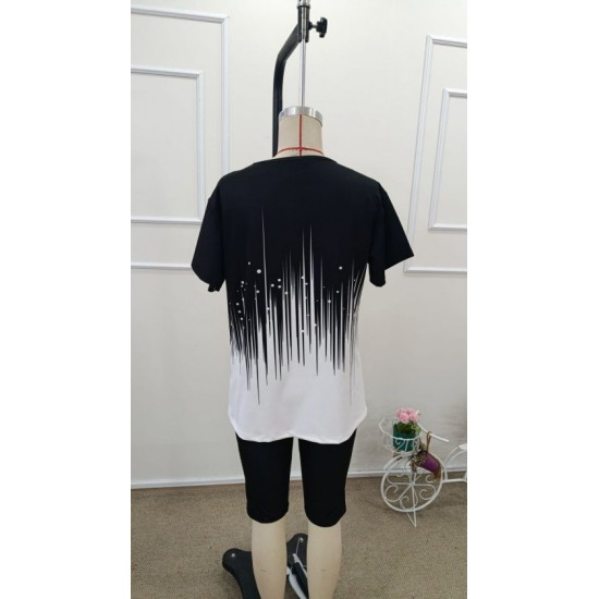 Kadın Kısa Kollu Bisiklet Yaka Desenli Dalgıç Bluz Ve Tayt Ikili Takım , 32432