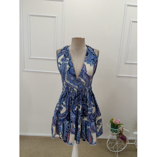 Kadın Askılı Derin Göğüs Dekolte Detaylı Arkadan Bağcıklı Desenli Süprem Kısa Elbise , 32446