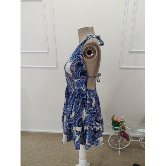 Kadın Askılı Derin Göğüs Dekolte Detaylı Arkadan Bağcıklı Desenli Süprem Kısa Elbise , 32446