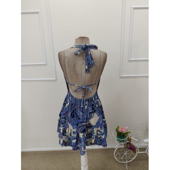 Kadın Askılı Derin Göğüs Dekolte Detaylı Arkadan Bağcıklı Desenli Süprem Kısa Elbise , 32446