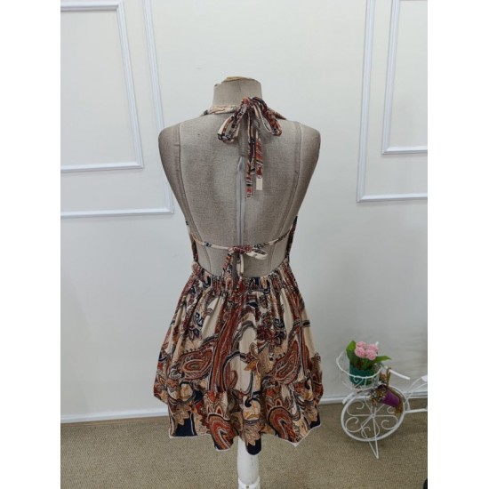 Kadın Askılı Derin Göğüs Dekolte Detaylı Arkadan Bağcıklı Desenli Süprem Kısa Elbise , 32445