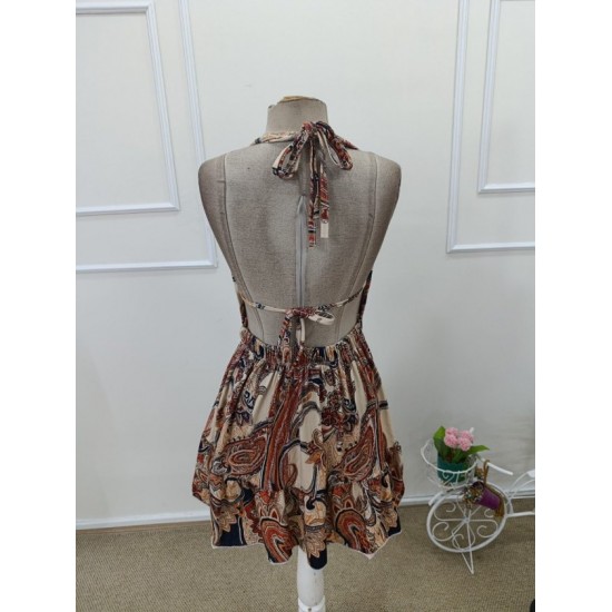 Kadın Askılı Derin Göğüs Dekolte Detaylı Arkadan Bağcıklı Desenli Süprem Kısa Elbise , 32445