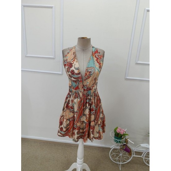 Kadın Askılı Derin Göğüs Dekolte Detaylı Arkadan Bağcıklı Desenli Süprem Kısa Elbise , 32443